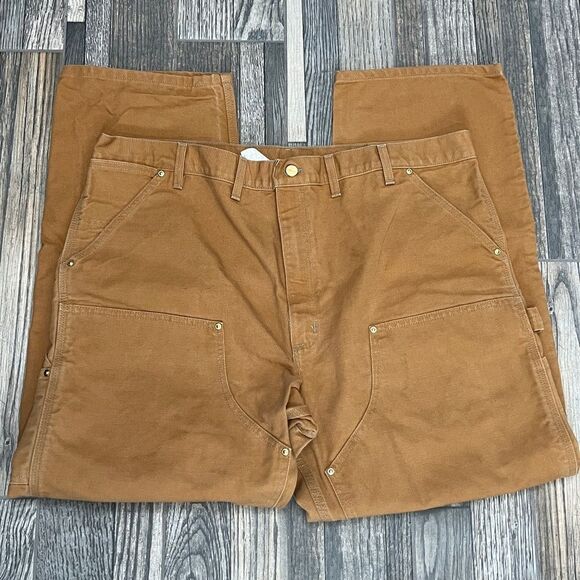 🔥🔥 Vintage CARHARTT DOUBLE KNEE Denim Canvas Workwear Cargo Pants Sz 44x32 - E - Picture 8 of 13